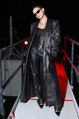 Hailey Bieber wearing head-to-toe black leather