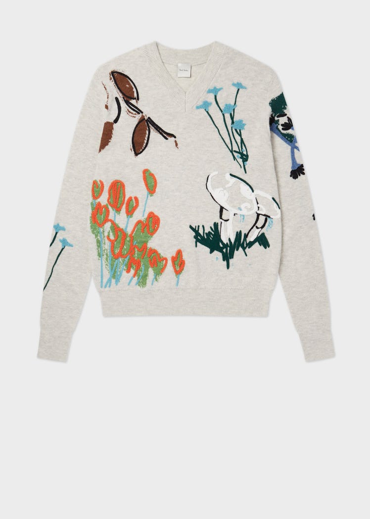 Pale Grey 'Forest Sketches' Embroidered V-Neck Sweater