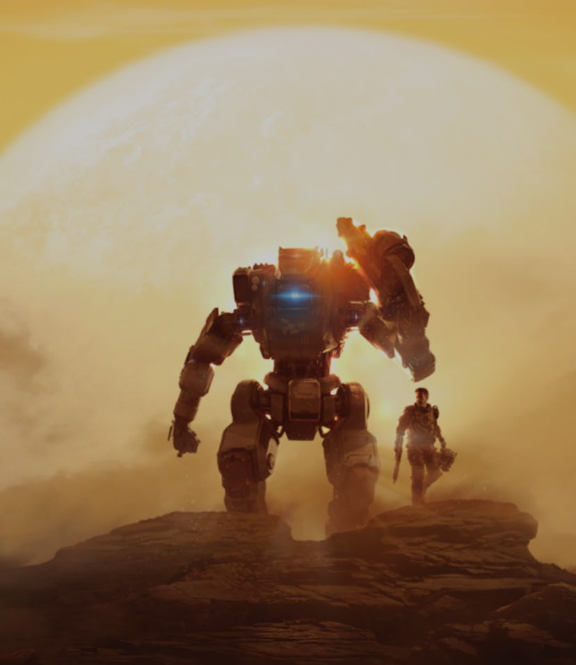 Image from Titanfall 2 game showing mech robot and man standing in front of large, golden sun rising...