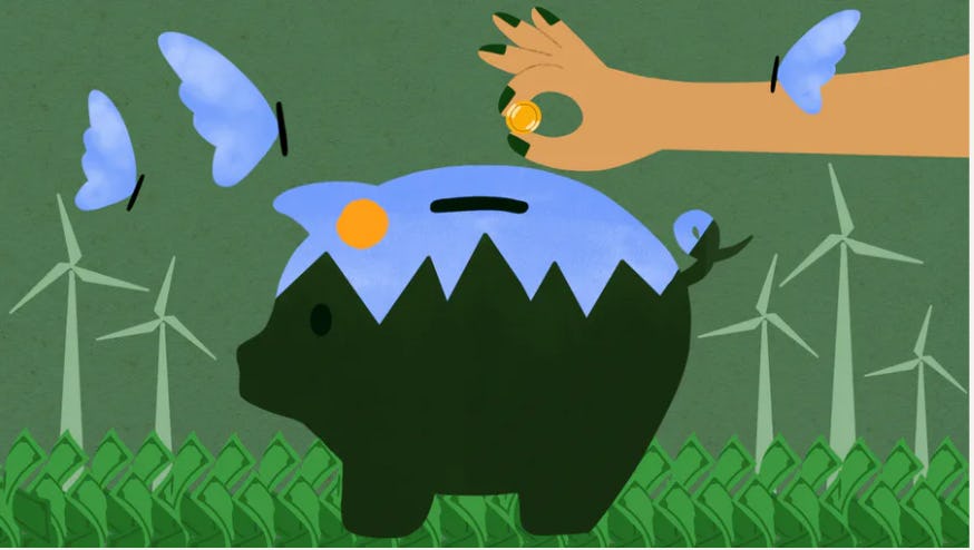 An abstract collage of a hand putting a coin in a piggy bank and as a symbol of ethical investing