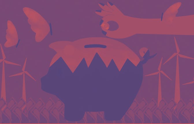 An abstract collage of a hand putting a coin in a piggy bank and as a symbol of ethical investing