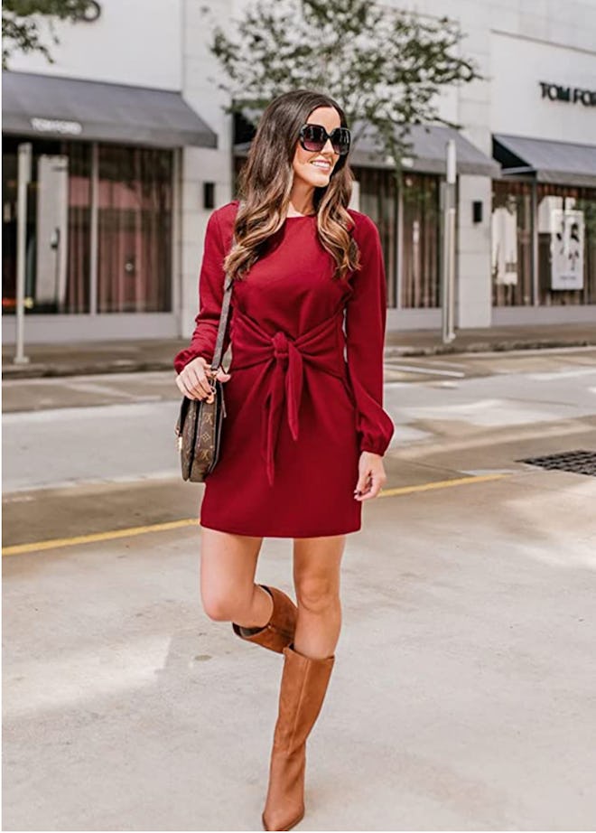 PRETTYGARDEN Tie Waist, Lantern Sleeve Dress