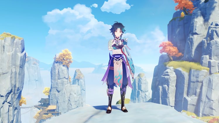 Genshin Impact Xiao standing on a stone pillar in Jueyun Karst.