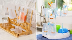Collage of a wooden and white plastic bottle drying rack