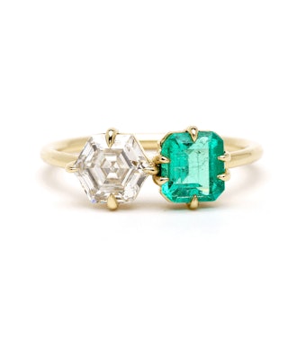 Toi et Moi Hexagon and Diamond and Emerald Two Stone Engagement Ring