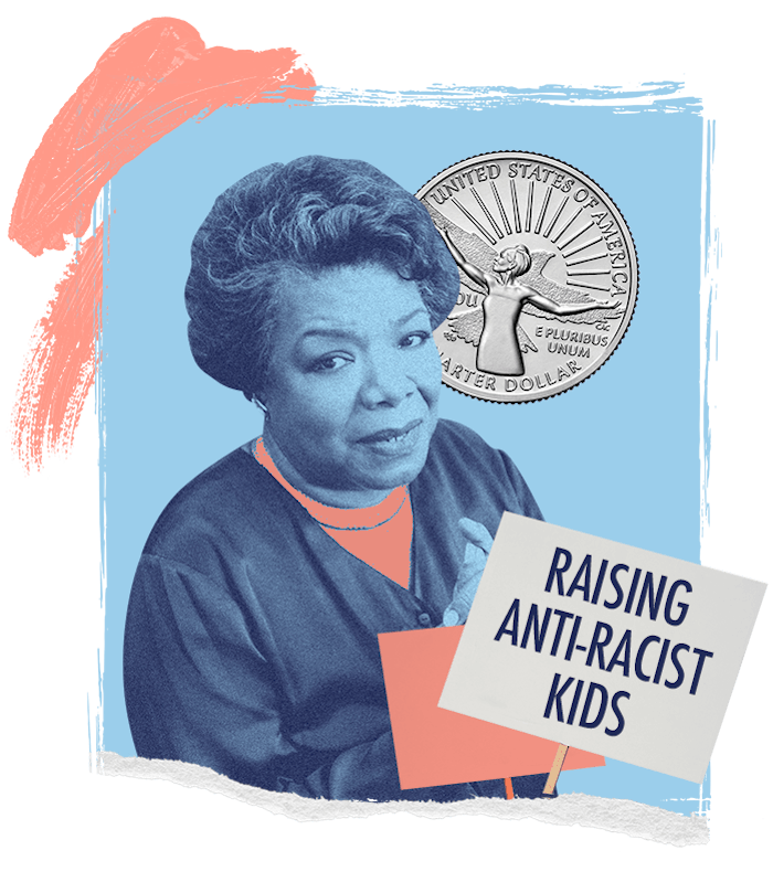 A collage with a photo of Maya Angelou, the coin featuring her image, and the words "Raising Anti-Ra...