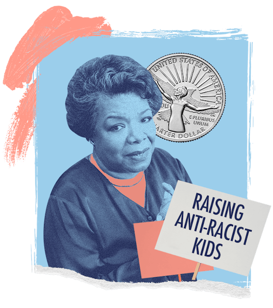 A collage with a photo of Maya Angelou, the coin featuring her image, and the words "Raising Anti-Ra...