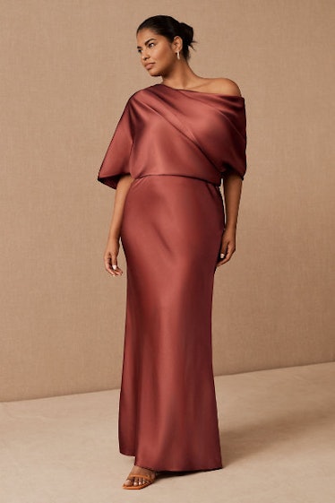 BHLDN red off-shoulder gown.