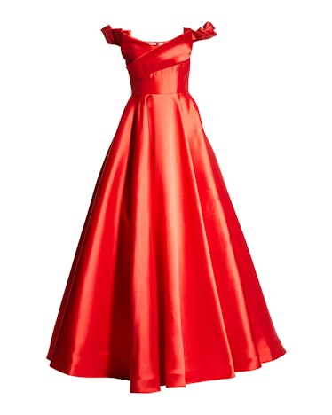JOVANI red off-shoulder ball gown.