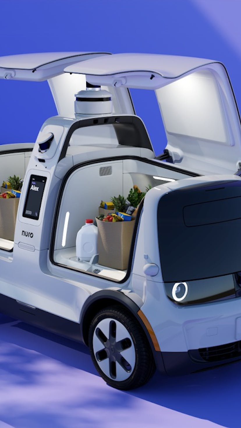 Nuro's electric self-driving delivery robot with airbags on the outside.