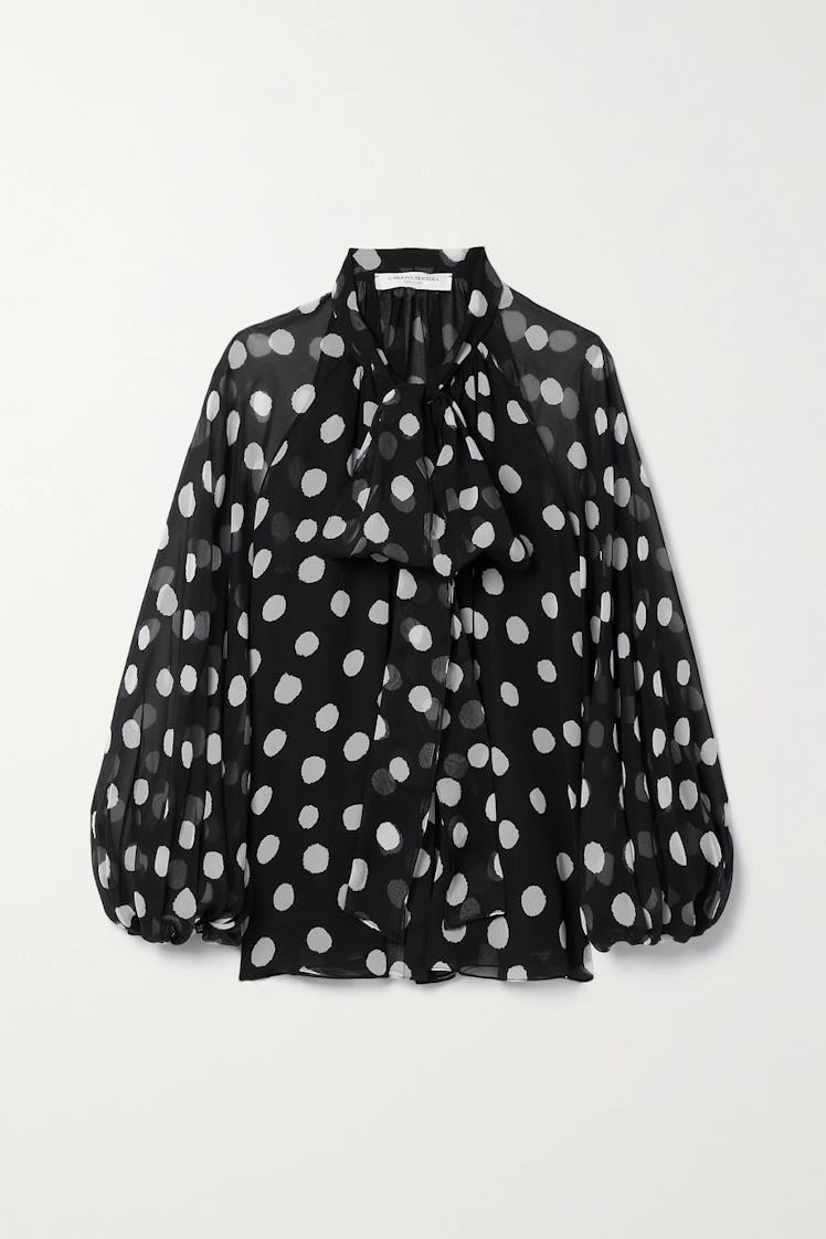 Carolina Herrera black polka dot pussy bow blouse.