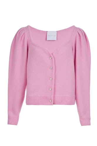 a pink puff sleeve sweater with crystal heart buttons by Markarian