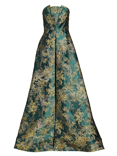 THEIA green strapless brocade gown.
