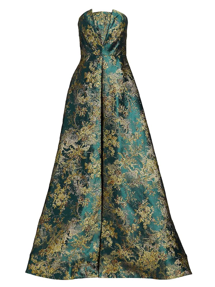 THEIA green strapless brocade gown.