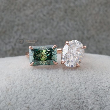 Toi Et Moi Emerald and Oval Cut Colorless Moissanite Ring