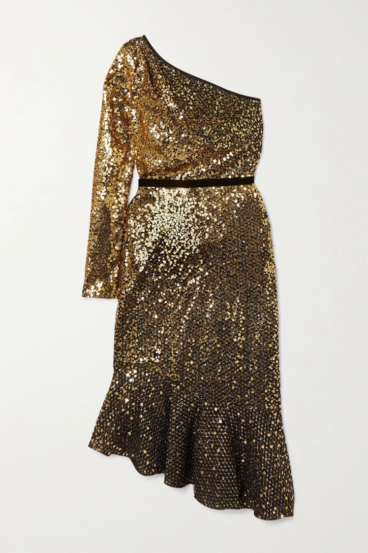 Marchesa Notte gold sequin dress.