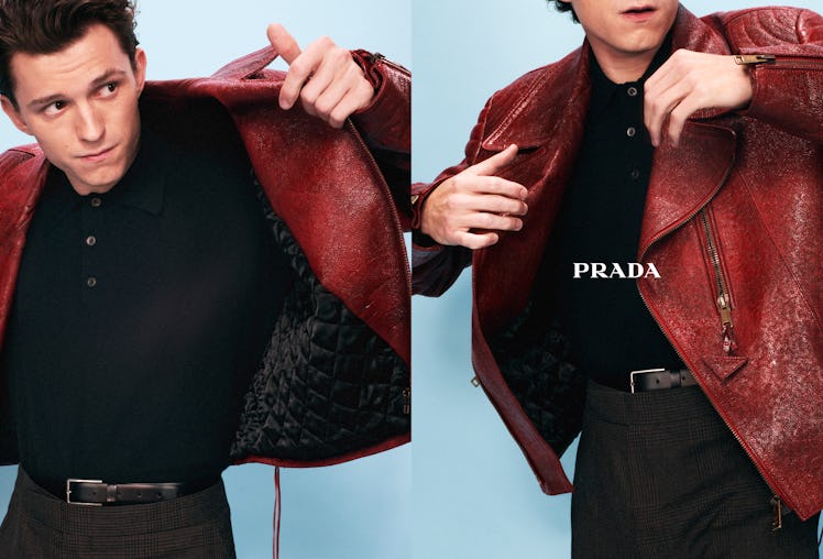 Tom Holland in a black sweater and a red jacket in the Prada campaign