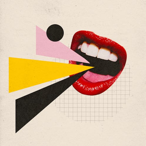 An abstract collage with a mouth with red lips yelling, and a pink, yellow and brown geometric shap