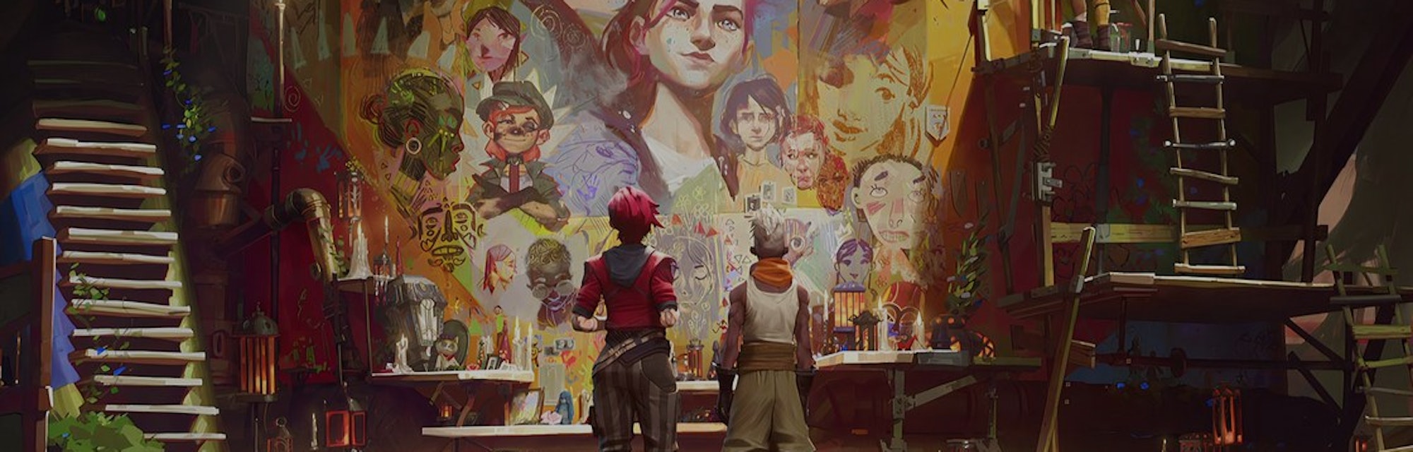 Art showing two League of Legends characters looking up at a painted mural featuring the faces of ma...