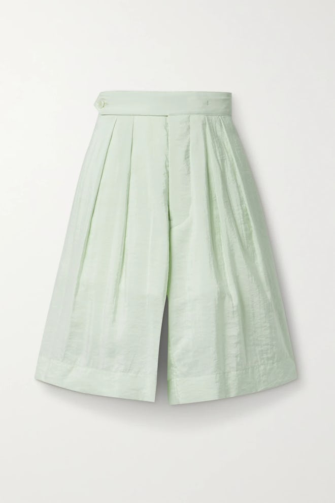 1952 pleated silk-blend satin shorts
