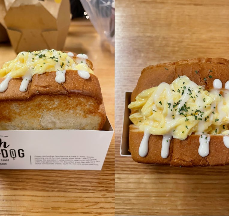 Diptych: Toasted sandwich with fluffy scrambled eggs.