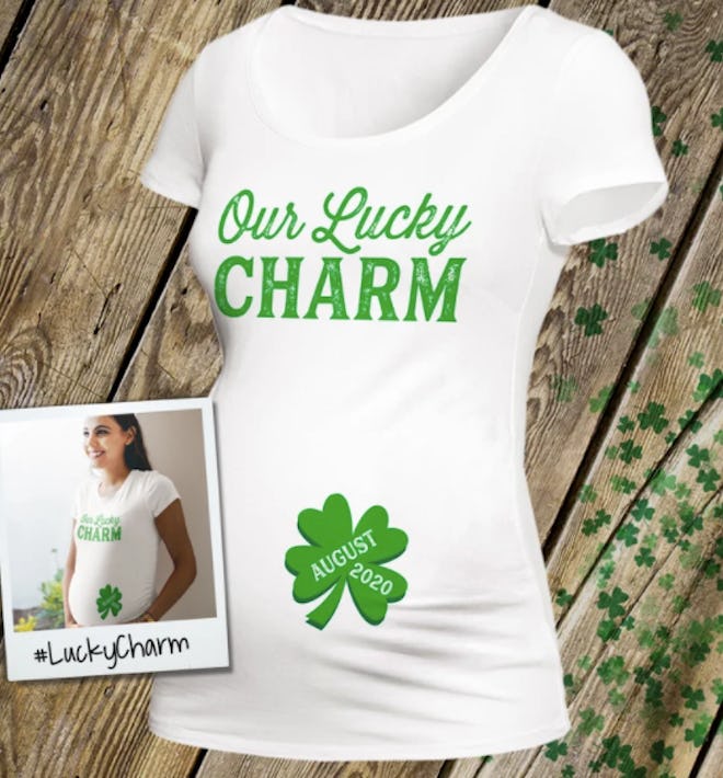 Custom Lucky Charm t-shirt makes a great St. Patrick's Day pregnancy announcement