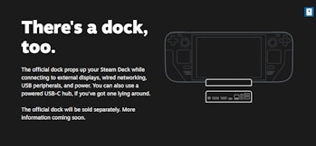 Screengrab showing line drawing of Steam Deck in a small dock-like device. Image shows 2 usb ports, ...