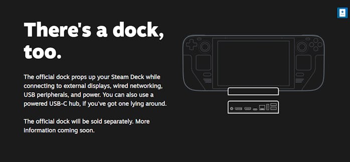 Screengrab showing line drawing of Steam Deck in a small dock-like device. Image shows 2 usb ports, ...