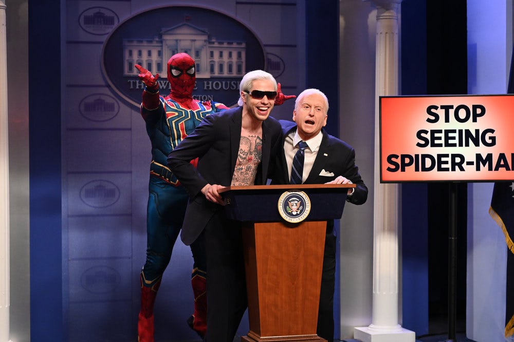 Pete Davidson played Joe Biden in a 'Spider-Man'-themed 'SNL' sketch. Photo via NBC