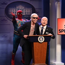 Pete Davidson played Joe Biden in a 'Spider-Man'-themed 'SNL' sketch. Photo via NBC