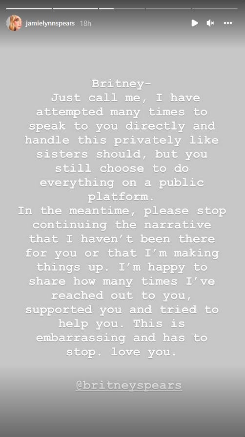 Jamie Lynn Spears urges her sister, Britney, to handle their differences privately in an Instagram s&hellip;