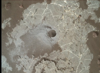 This image shows the Highfield drill hole made by NASA’s Curiosity rover as it was collecting a samp...