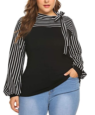 IN'VOLAND Plus Size Tie-Bow Neck Striped Blouse