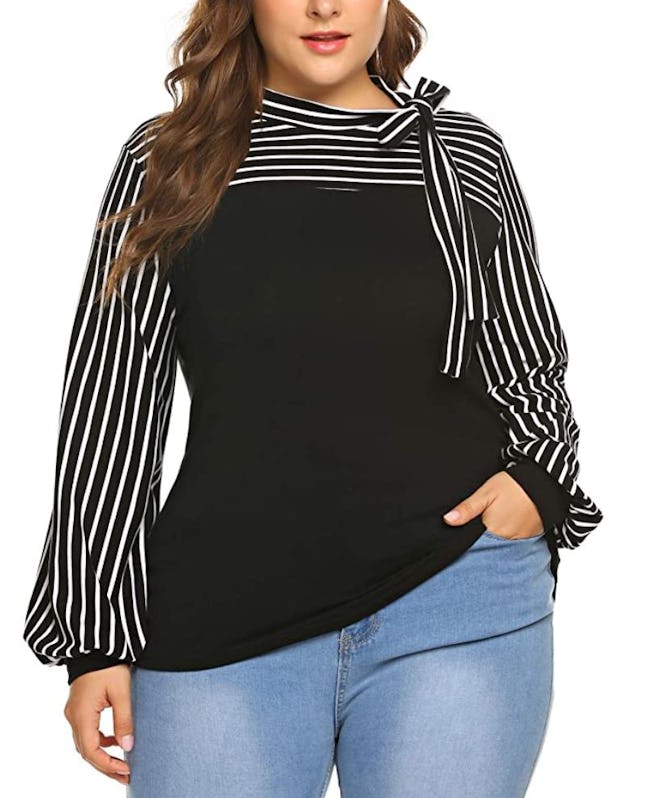 IN'VOLAND Plus Size Tie-Bow Neck Striped Blouse