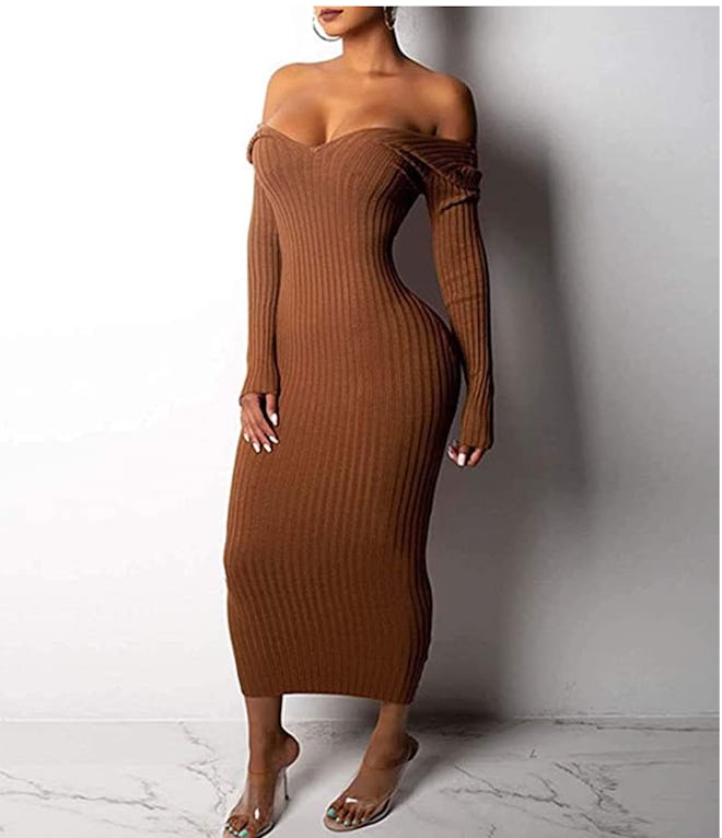Cinyifaan Long-Sleeved Knit Body-Con Midi Dress