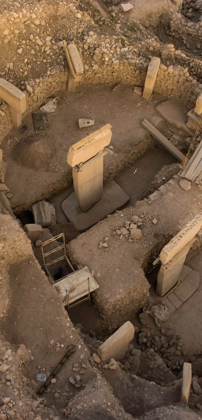 Enclosure D with T-shaped pillars at Göbekli Tepe, south-east of present-day Turkey. This archaeolog...