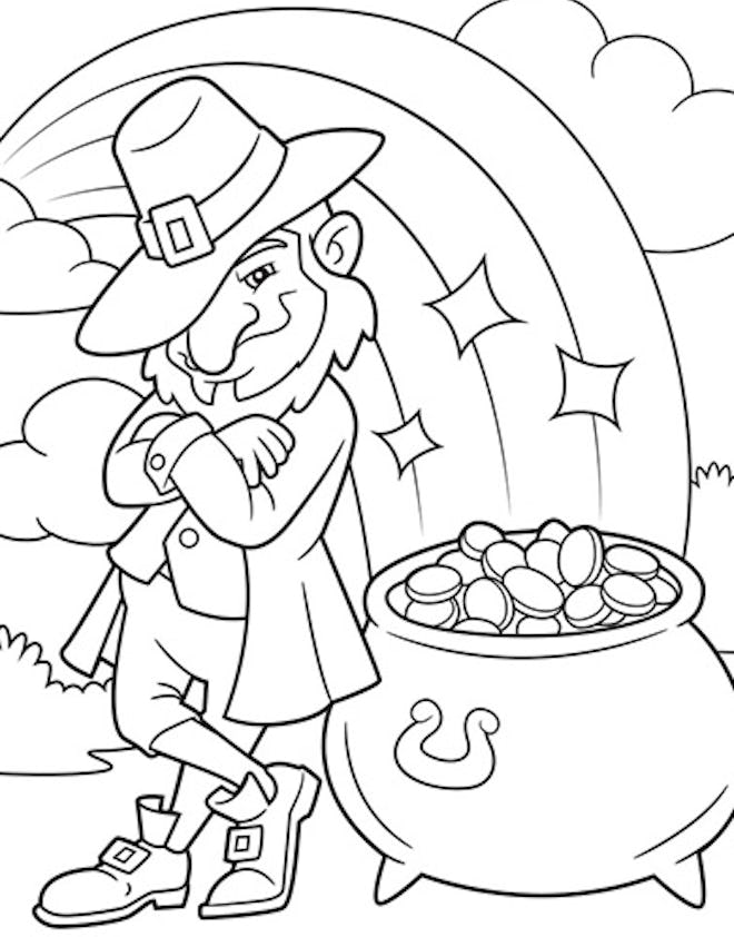 A leprechaun gaurding a pot of gold mis a St. Patrick's day coloring page