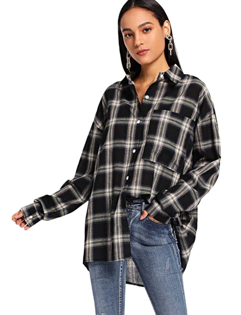 SweatyRocks Long Button-Down Plaid Shirt