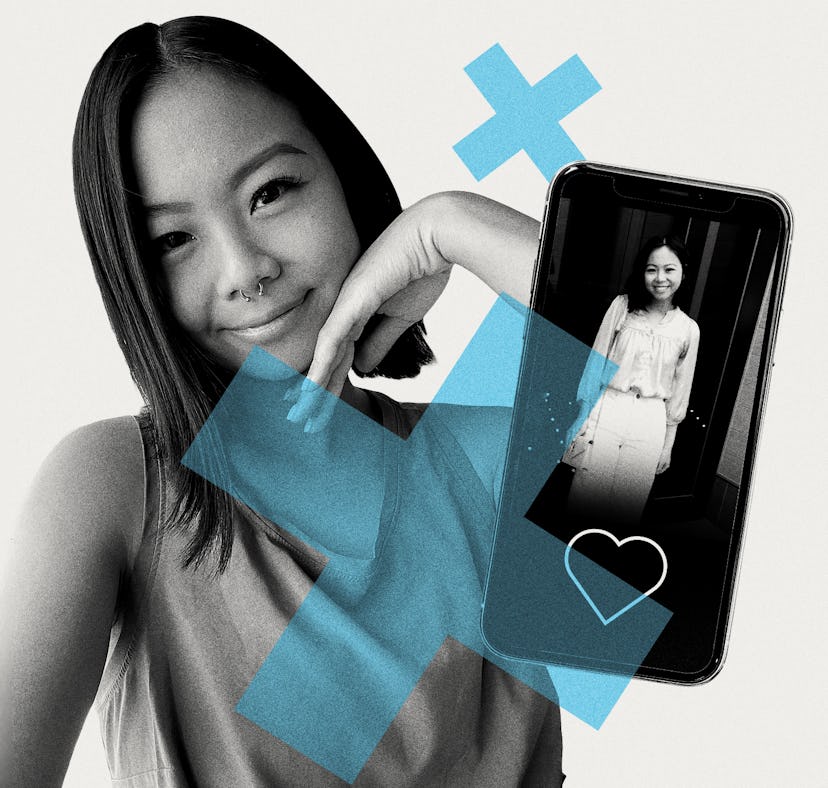 An Asian woman that is using dating apps taking a selfie