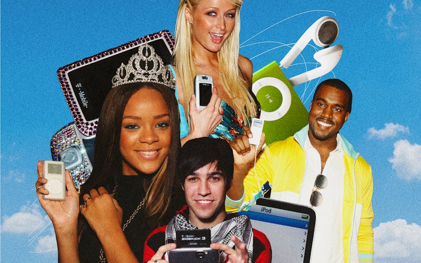 Paris Hilton and Kanye West hold 2000s gadgets, which are becoming a new fashion aesthetic