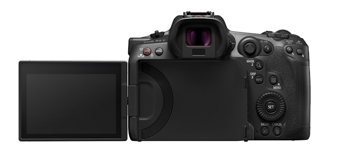 Canon's EOS R5 C with its adjustable screen tilted out.