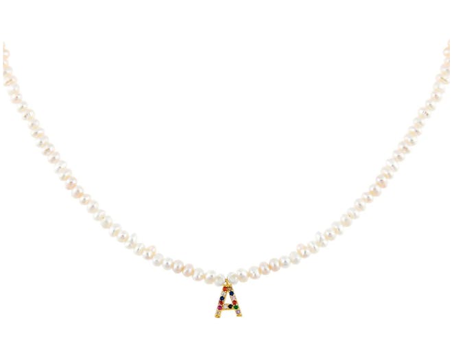 Adinas Jewels' CZ Rainbow Initial Pearl Necklace.