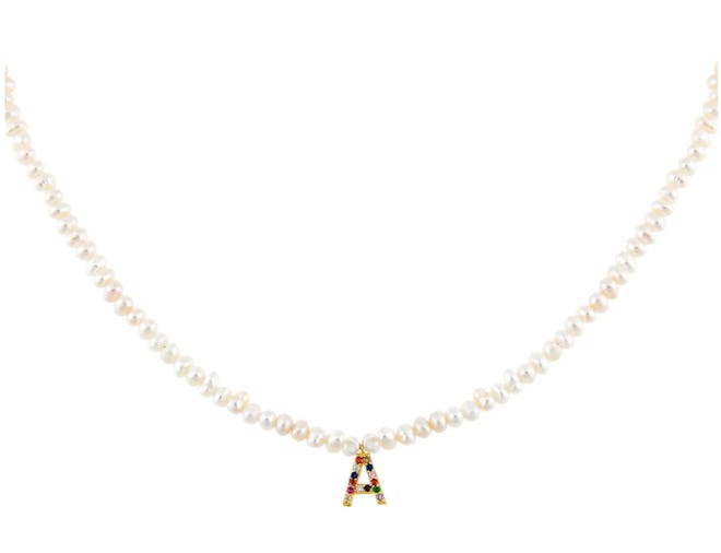 Adinas Jewels' CZ Rainbow Initial Pearl Necklace.