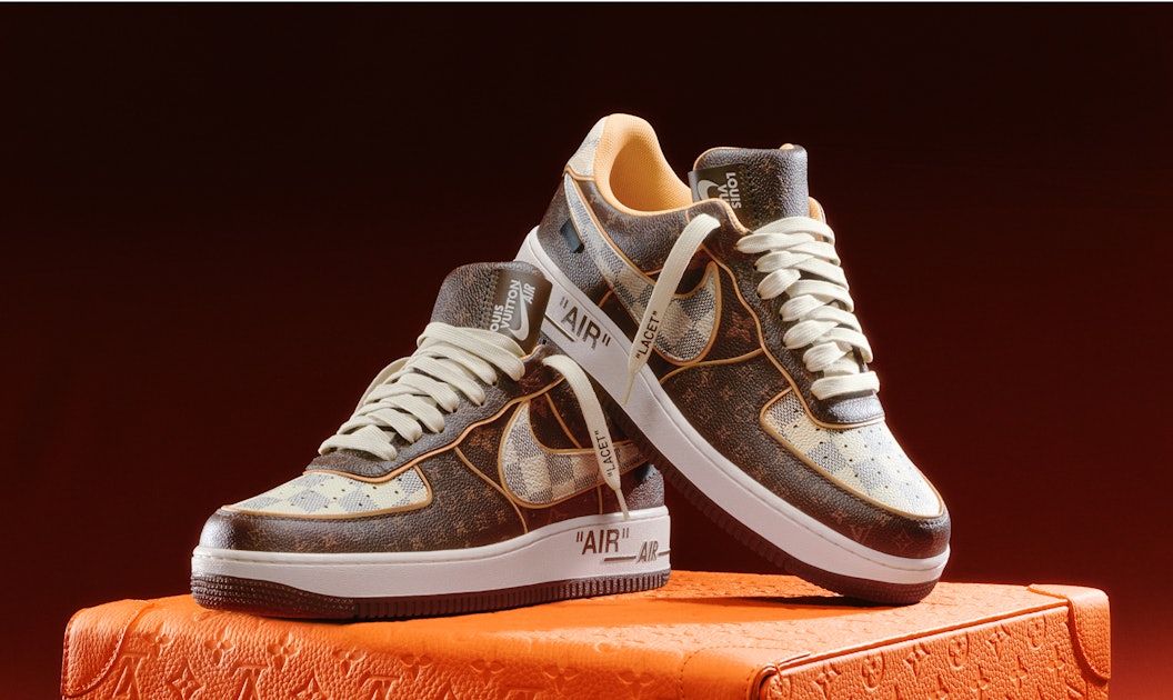 Preview of a pair of Louis Vuitton and Nike “Air Force 1” by Virgil Abloh  sneakers on display at Sotheby's Fine Arts company in New York, NY, January  19, 2022. 200 pairs