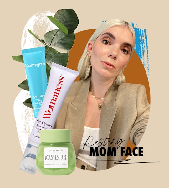 A collage with the beauty editor Carly Cardellino next to her favorite eye creams