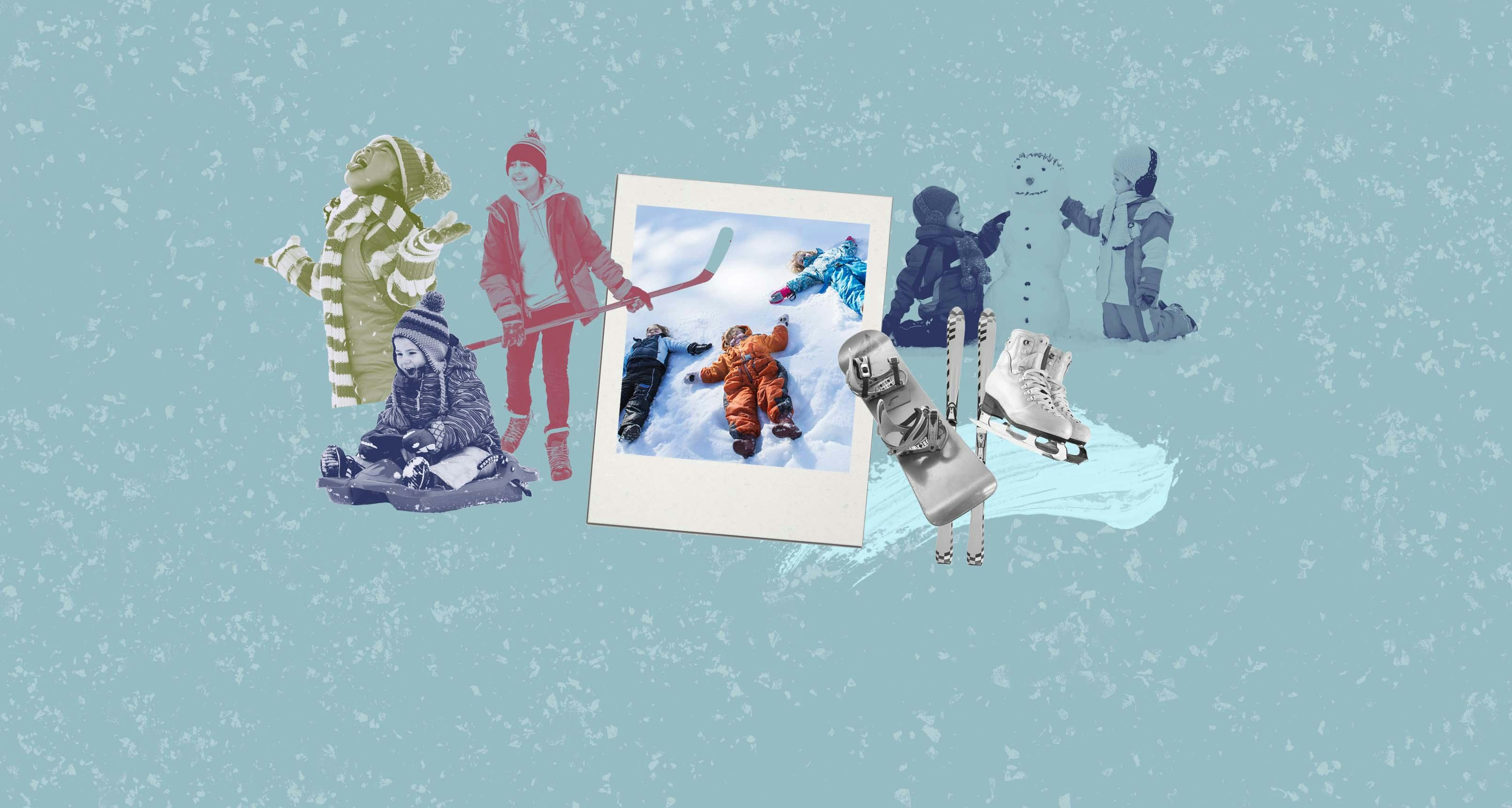 A collage with kinds making snow angels, a snowboard, ice skating girl