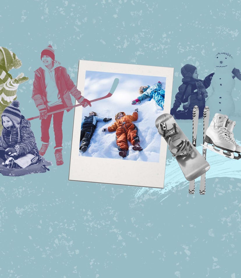 A collage with kinds making snow angels, a snowboard, ice skating girl