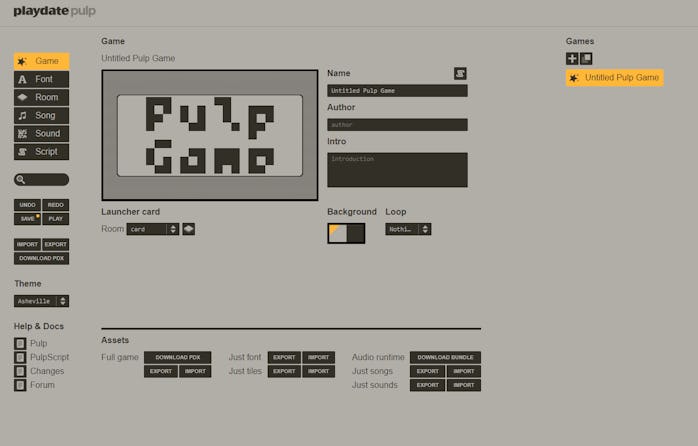 Image of Playmate Pulp tool, showing "Pulp Game" on game design screen and tabs for Game, Font, Room...