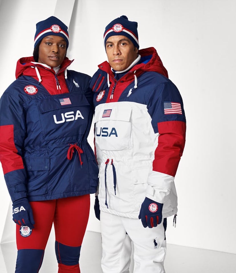 Aja Evans and Rico Roman modeling Ralph Lauren's 2022 Winter Olympic Opening Ceremony uniforms.