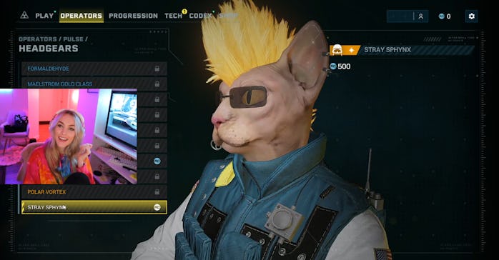 Kate Irwin's Twitch stream screenshot showing her smiling while looking at R6 Extraction skin for Pu...